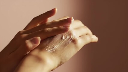 Applying Cream on Hands a Close Up Shot on Peach Background Demonstrating Gentle Skincare Routine and Emphasizing Beauty and Hydration with a Soothing Touch for Cosmetic Advertisement