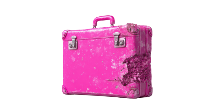 A battered pink suitcase
