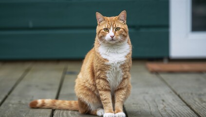 Orange Tabby Cat Sitting on a Wooden Deck Looking Directly at the Camera.