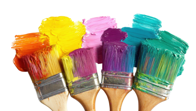 Paintbrushes dipped in vibrant, colorful paint