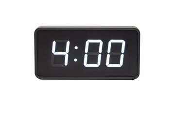 Close up of digital alarm clock displaying 4:00, photorealistic, on white background.