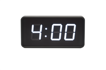 Close up of digital alarm clock displaying 4:00, photorealistic, on white background.