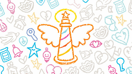 Drawing of a lighthouse with wings and a star on top surrounded by various sketched icons and shapes