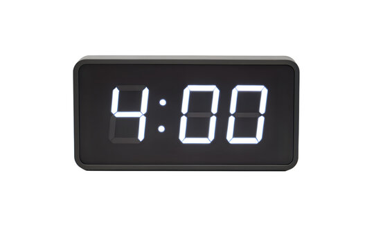 Close up of digital alarm clock displaying 4:00, photorealistic, on white background.