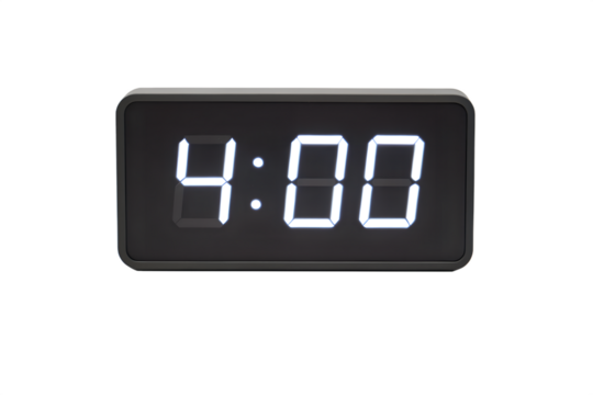 Close up of digital alarm clock displaying 4:00, photorealistic, on white background.