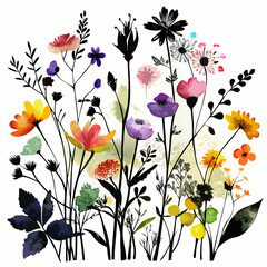 Wildflowers Set Black Silhouette Vector Illustration on White Background