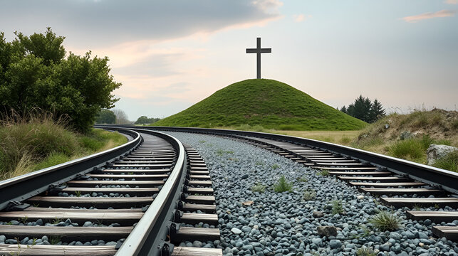 Rails and sleepers, the railway leads to a grave mound with a cross. Life finiteness concept, philosophical illustration, ai generative