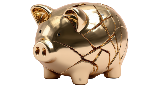 A cracked gold piggy bank