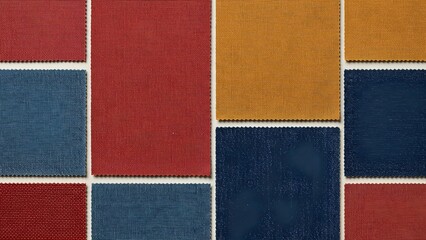 Fototapeta premium Colorful Fabric Samples Displayed for Interior Design. High-angle view of various fabric swatches in vibrant red, mustard yellow, navy blue, and a deep maroon.