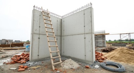 Concrete Walls with Ladder and Construction Materials at a Building Site