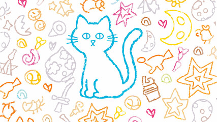 Blue outlined cat surrounded by crayon drawings of stars moons hearts and other whimsical shapes art