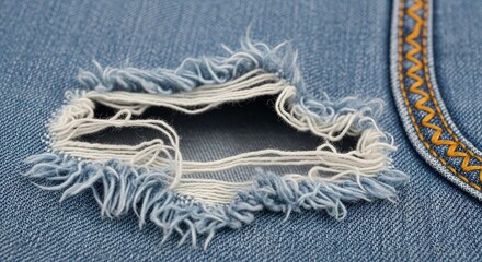 Close-up of ripped denim jeans with frayed threads and decorative stitching on pocket