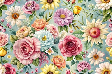 Colorful floral pattern with a blue background