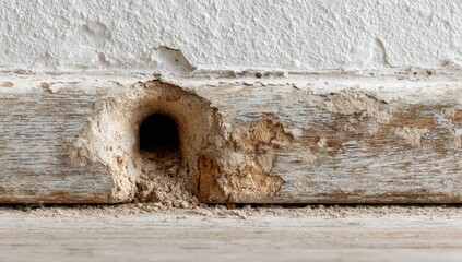 Damaged baseboard with a hole and wood debris