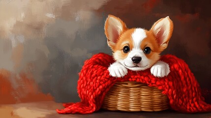 A puppy sits in a cozy basket, with its small paws dangling over the edge. It looks out at the world, in a cartoon style.