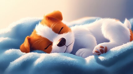 Curled up, the puppy sleeps soundly on a soft blanket, under a cozy cloth. cartoon style