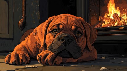 The puppy is comfortably sitting by the fireplace, with a soft fire crackling in the background, in a cartoon-style setting.
