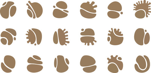 Abstract brown shapes arranged in a grid, featuring various organic forms and patterns.