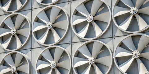 Close up of a repeating pattern of industrial cooling fans on a building exterior