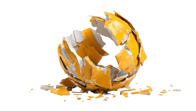A shattered, bright yellow sphere, dripping with its own substance - Powered by Adobe