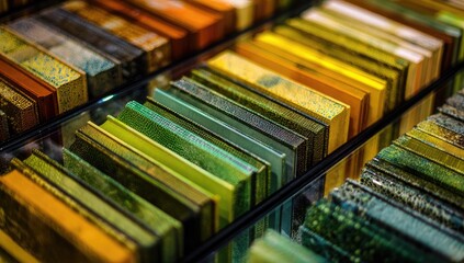 Colorful rectangular objects, tightly arranged in rows and drawers