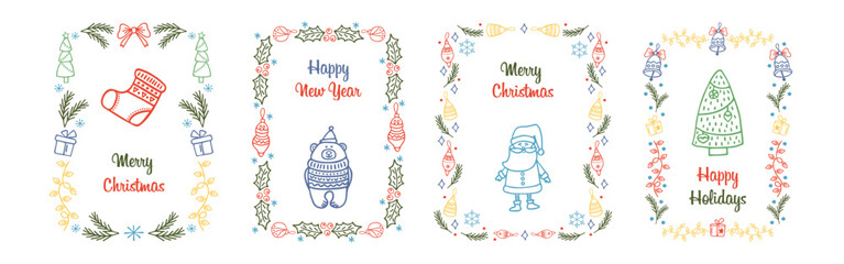 Set of hand drawn Christmas and New Year retro cards with Santa, Christmas tree, bear and Christmas stocking.