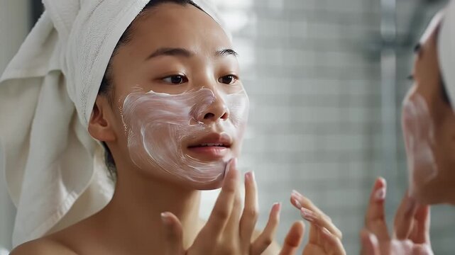 Asian Woman Applies Facial Cream in Front of Mirror for Skincare Routine in a Bright Bathroom with Tiled Wall Background Perfect for Beauty and Wellness Promotion - Powered by Adobe
