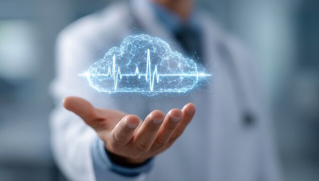 Doctor holding a digital cloud with a heartbeat graphic