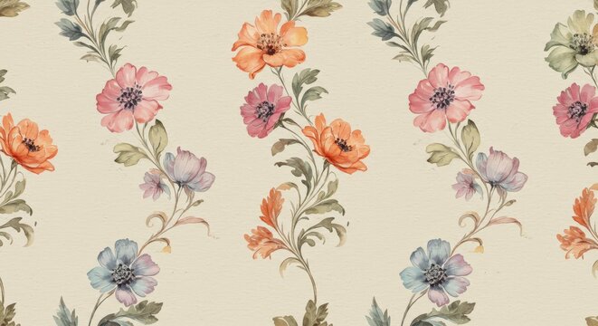 Fototapeta Watercolor Floral Pattern Repeating Flowers Vintage Style Beige Background.