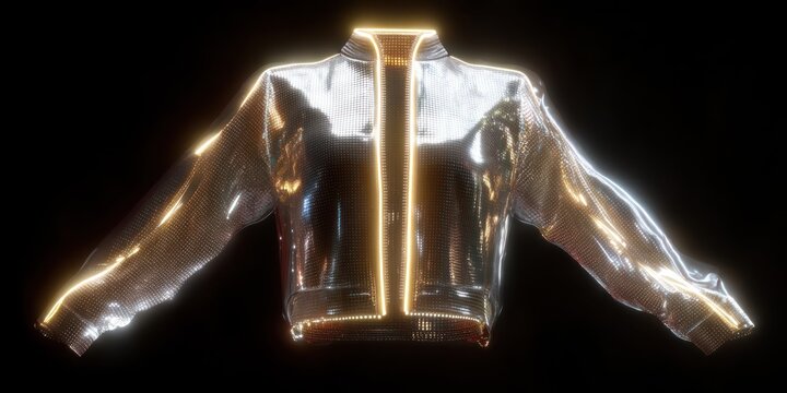 A futuristic, metallic jacket glows with vibrant, golden light emanating from embedded LED strips. The jacket is predominantly silver and reflective, creating a dazzling, almost holographic effect.