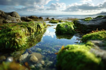 Coastal rock pool, vibrant green seaweed
