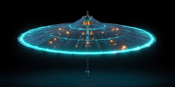 A futuristic, glowing cymbal rests on a dark, reflective surface. The cymbal is circular and translucent, with a complex network of illuminated lines and small,