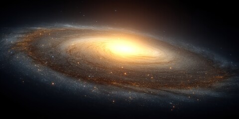 A stunning digital rendering depicts the Milky Way galaxy, centered and viewed from a low angle. A brilliant, luminous core radiates outwards,