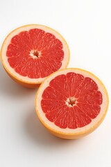 Bright red grapefruit halves showcasing juicy interior on a clean white background
