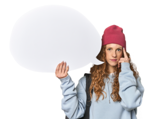 Redhead holding a comic speech bubble pointing temple with finger, thinking, focused on a task.