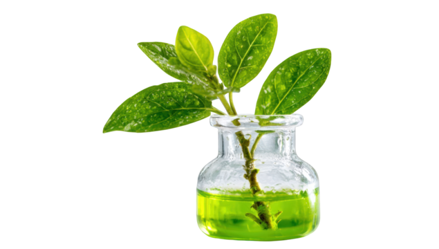Green leaves in a clear glass vial