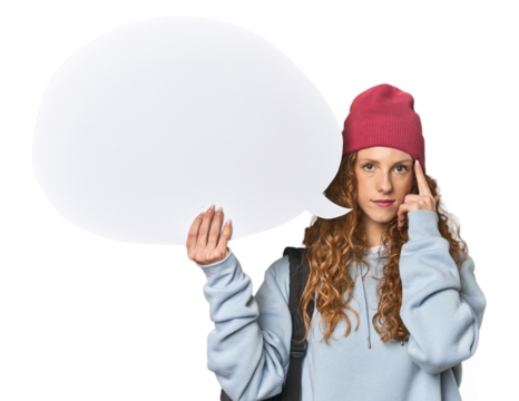 Redhead holding a comic speech bubble pointing temple with finger, thinking, focused on a task. - Powered by Adobe