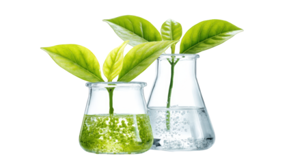 Two glass beakers filled with clear liquid, with young green leaves sprouting from the top