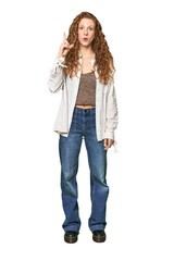 Full-body redhead portrait having an idea, inspiration concept.