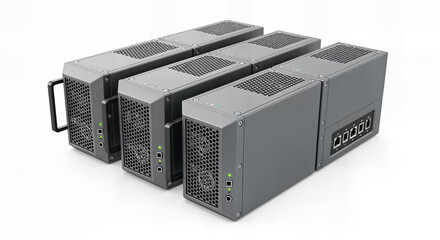 Three identical gray server rack units or network switches with cooling fans and multiple ports, arranged in a row on a white background, representing data center equipment or it infrastructure