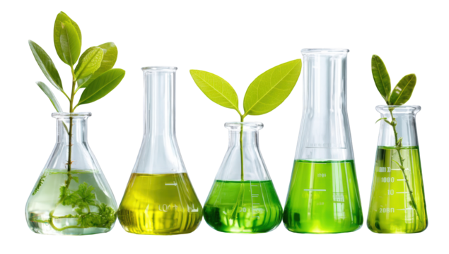 Lab beakers with plants and liquids