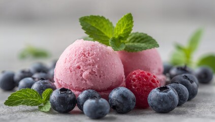 Refreshing Berry Ice Cream with Mint and Fresh Blueberries on a Textured Surface.