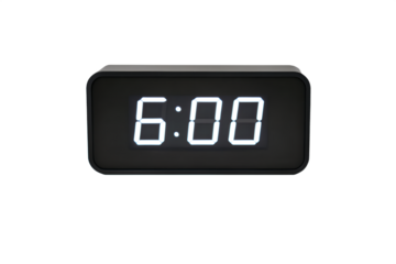 Digital alarm clock with glowing LED display showing 6:00, isolated on white background.