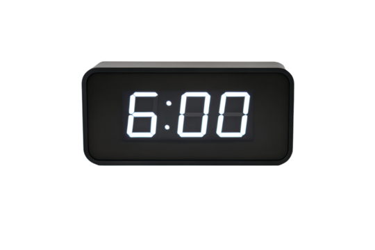 Digital alarm clock with glowing LED display showing 6:00, isolated on white background.