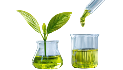 Green liquid in beakers and plant