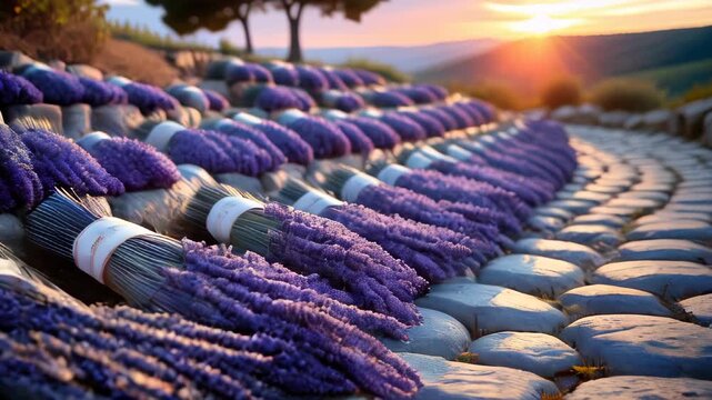 Sunset bathes a cobblestone path lined with neatly bundled dried lavender, filling the scene with calmness, vivid hues, and rustic beauty