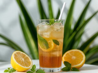 Fototapeta premium Refreshing Iced Tea with Lemon and Mint, Perfect for a Hot Summer Day.