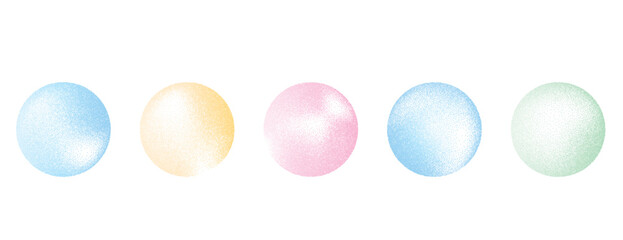 Colorful pastel gradient noise round element set. Opalescent dotwork gradation circles. Pastel pink, blue and green textured shapes. Kids sand diffuse effect callouts. Vector paint spray balls icons.