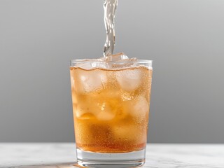Refreshing Iced Tea. Liquid being poured into a glass filled with ice cubes.