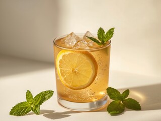 Fototapeta premium Refreshing Lemon and Mint Cocktail with Ice, Served in a Glass on a Bright Surface.
